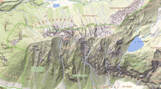 Kartenausschnitt der Webkarte Vektor mit Fokus auf das Gelände vom Schattenberg in den Allgäuer Alpen